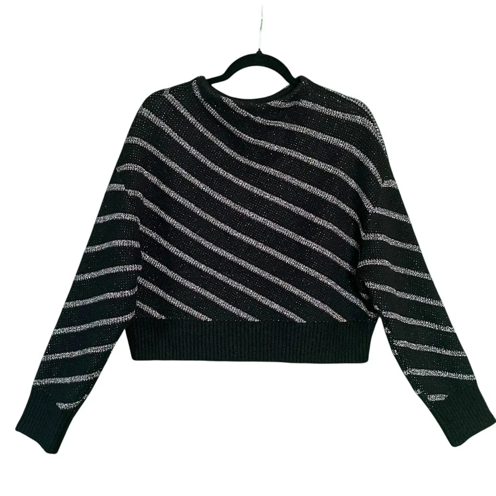 AllSaints Womens Vega Sweater Jumper M Black Alpaca Wool Striped Cropped‎ $248